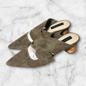 Sanctuary Mossy Green Suede Mules with Wooden Heel